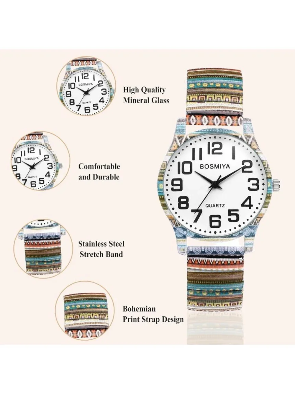 Women's Multi Color Analog Elastic Bohemia stripe Bohemia Number Bracelet Watch
